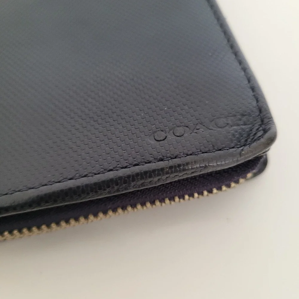 Coach Mens Accordion Zip Wallet Navy Blue Crossgrain Leather Long Wallet